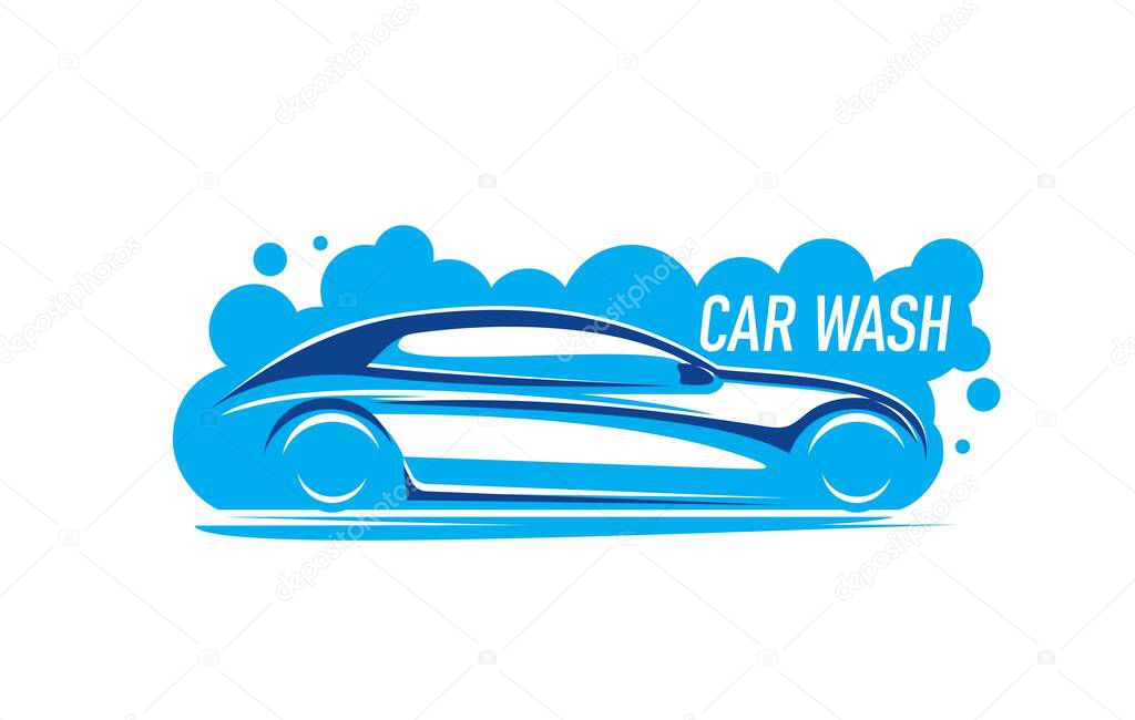 Car wash service icon with shampoo bubbles. Carwash garage station, vehicle interior cleaning and detailing service vector sticker, graphic icon or symbol with modern sedan car in detergent foam