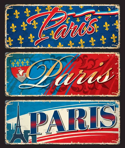 巴黎的旅行贴纸和车牌 法国城市的行李贴纸 病媒清除锡标志 带有埃菲尔铁塔 胜利拱门地标 法国国旗和巴黎城市标志的法国旅游和旅游板块 — 图库矢量图片