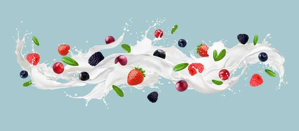 Spruzzi Onda Latte Con Bacche Latticini Vettoriali Bevande Realistico Vortice — Vettoriale Stock