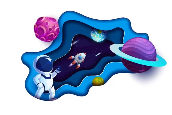 Espaço Papel Cortado Astronauta Desenhos Animados Foguete Galáxia Planetas Vetor —  Vetores de Stock