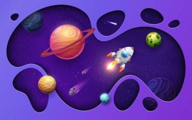 Cartoon paper cut space landscape and rocket, vector papercut art galaxy background. Spaceship shuttle with space planets or moon, paper cut out spaceship and asteroids with meteorites in galaxy sky clipart