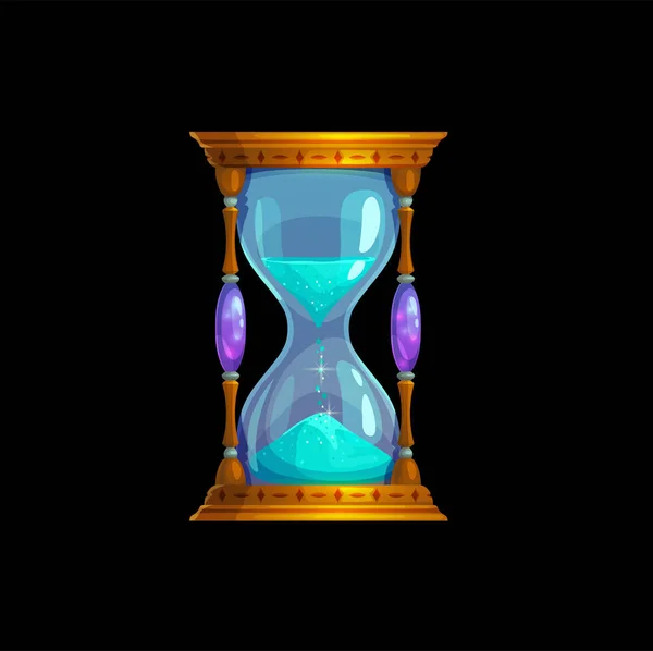 魔法の砂のガラス時計 隔離された砂時計砂時計 青粒と漫画ベクトルヴィンテージ木製の腕時計 時間を測定するためのファンタジーや古代の歴史的なオブジェクト 2番目のゲーム資産古いストップウォッチ — ストックベクタ