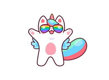 Gökkuşağı gözlüklü sevimli kawaii caticorn karakteri, güneş gözlüklü kedi unicorn, vektör çocuk kedicik. Neşeli komik boynuzlu at mı yoksa gökkuşağı gözlüklü pençeli mutlu yavru kedi tek boynuzlu at mı?