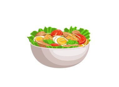 Çizgi film sezar salatası. Marul yapraklı izole vektör kasesi, tavuk eti, kızarmış ekmek, yumurta ve domates. Sağlıklı yemek, lezzetli aperatif, İtalyan yemeği, klasik sezar salatası tarifi.