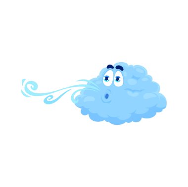 Karikatür rüzgar hava durumu karakteri, yalıtılmış vektör zararlı bulut hava akımları üflüyor ya da ağızdan rüzgar esiyor. Doğa ve iklim meteorolojisi tahminleri neşeli yüz ifadesine sahip.
