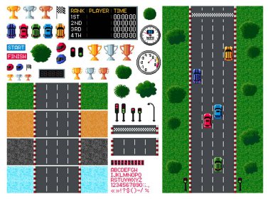 Piksel yarışı, atari oyunu üst görünümü, eski 8 bit 'te araba yarışı video oyunu, vektör varlık simgeleri. Klasik bilgisayar oyunu atari salonu veya araba yarışları aksesuarları ve oyuncu arayüzü unsurları spor arabalar ve yarış pistleri