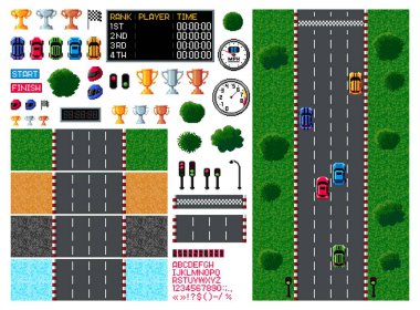 Pixel race, arcade game top view, car racing video game in retro 8 bit, vector asset icons. Vintage computer game arcade or car races props and player interface elements with sport cars and racetracks clipart