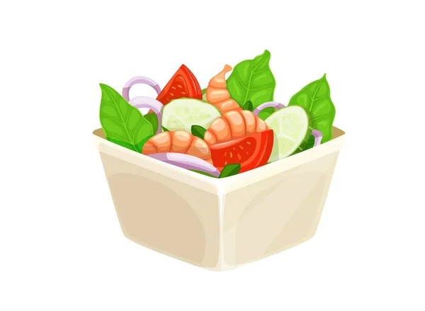 Cartoon Salad Shrimps Isolated Vector Square Bowl Fresh Vegetables Seafood — Stock Vector