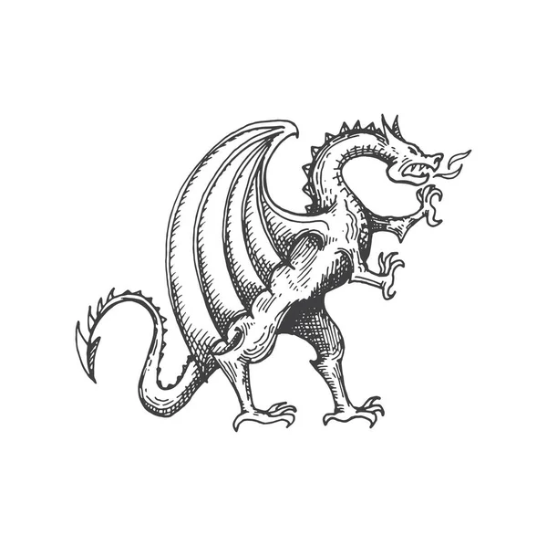 ドラゴン中世の紋章動物モンスターのスケッチ 伝説の生き物 神話の火龍紋章刻まれたベクトル記号呼吸 紋章の神話上の獣中世のコートや王室紋章の記章 — ストックベクタ