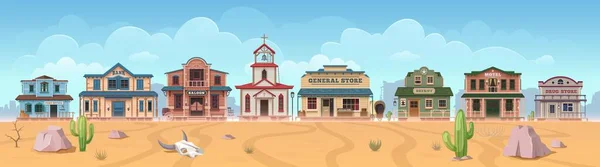 Western Wild West Town Cartoon Buildings Vector Texas Cityscape Skyline — Stock Vector