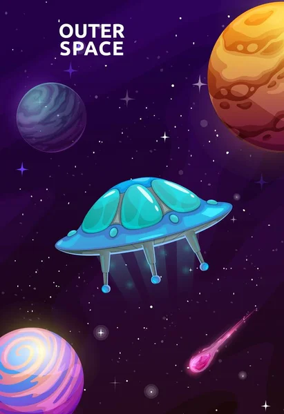 Ovni Dibujos Animados Espacio Galaxias Estrelladas Planetas Alienígenas Póster Del — Vector de stock