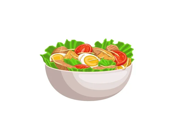 Kartun Caesar Salad Mangkuk Vektor Terisolasi Dengan Daun Selada Daging - Stok Vektor