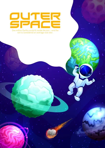 Cartoon Space Landing Page Galaxy Planets Spaceman Sky Vector Background — Stock Vector