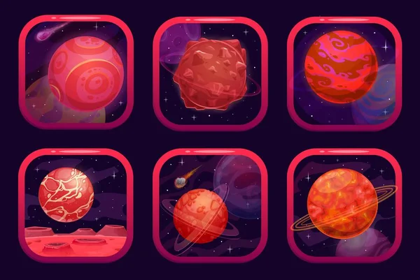 Space Game App Pictogrammen Met Rode Planeten Videogame Interface Knop — Stockvector
