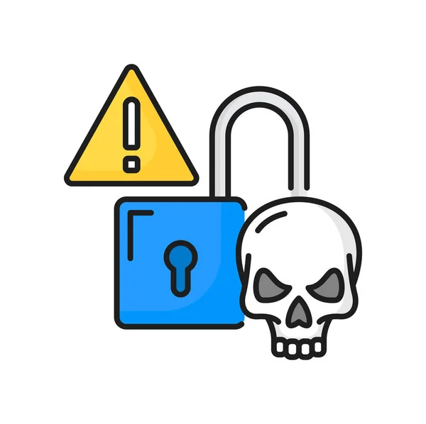 ロックと頭蓋骨の注意は隔離されたカラーラインアイコンを警告します ベクトルデジタルデータ技術 プライバシーへのアクセス ハッカーの脅威に関する注意 — ストックベクタ