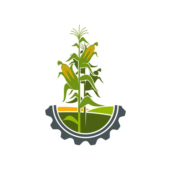 Landwirtschaftssymbol Maisfeld Zahnradkreis Ackerland Und Bauernhausvektorsymbol Maisernte Mit Maiskolben Auf — Stockvektor