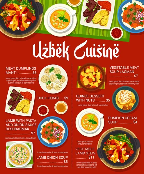 Usbekische Küche Menü Mit Speisen Aus Usbekistan Und Gerichte Beshbarmak — Stockvektor
