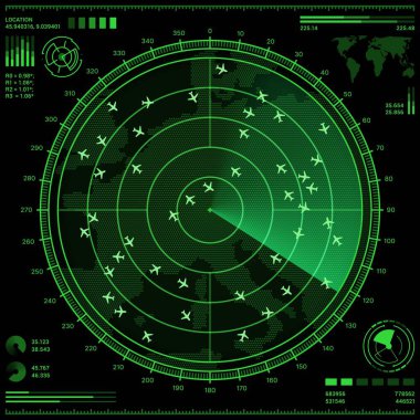 Hava kontrol radar ekranı, uçaklar ve dünya haritası. Hava trafik kontrol sistemi, uçak navigasyonu ve uçuş takibi yeşil radar taramasıyla gelecekteki arayüzü gösteren vektör HUD ui
