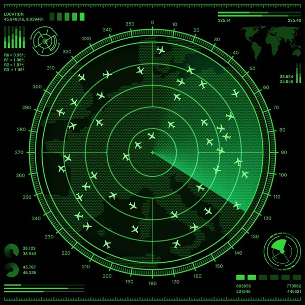 Ekran Radarowy Kontroli Powietrza Samolotami Mapą Świata Vector Hud Systemu — Wektor stockowy