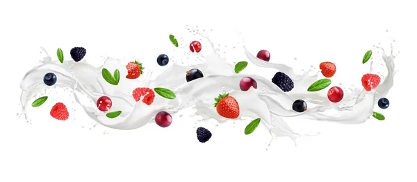Spruzzi Onda Latte Con Bacche Frutta Flussi Latte Panna Vettoriale — Vettoriale Stock