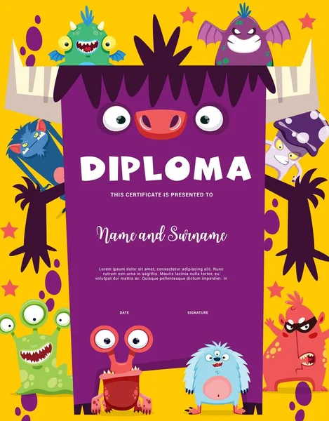 Diploma Niños Con Divertidos Monstruos Dibujos Animados Personajes Criaturas Certificado — Vector de stock
