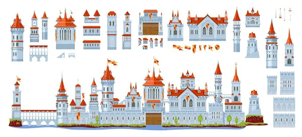 中世纪城堡的建设者 古代宫殿建筑 旗帜和拱门 门窗的矢量建筑元素 幻想城堡 堡垒和城堡 — 图库矢量图片