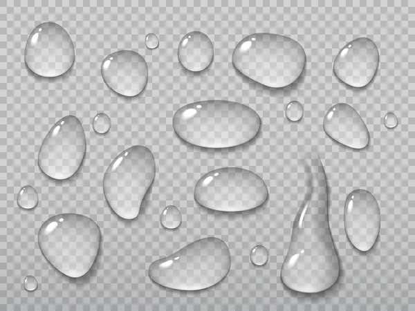 现实的水滴在透明的背景上 雨滴或露珠 水蒸气或蒸汽在潮湿表面凝结的矢量滴 3D清晰的水滴和有光反射的液泡 — 图库矢量图片