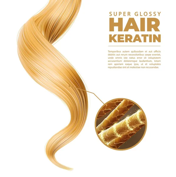 护理头发 洗发水 角蛋白 健康的金黄色链子与强大的锁结构近距离放大 现实的3D矢量长的女性闪亮卷曲 具有超级光滑效果 专业美容护理 — 图库矢量图片