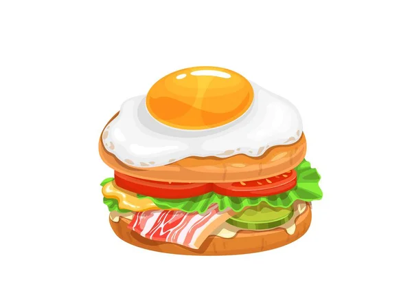 Мультяшний Яєчний Бутерброд Беконом Салатом Помідорами Огірком Векторний Сніданок Закуска — стоковий вектор