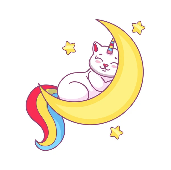 可愛い漫画のキャラクターが月で寝ています 妖精の生き物 魔法の子猫やファンタジーユニコーン猫面白いベクトルの性格 虹色の角と尾を持つおとぎ話 — ストックベクタ