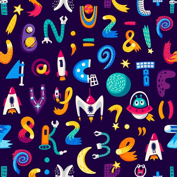 Kids Space Cartoon Letters Numbers Seamless Pattern Vector Background Creative — Stock Vector