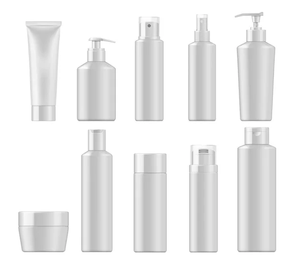 Paquete Cosméticos Maquetas Recipientes Realistas Vectoriales Productos Belleza Botellas Plástico — Vector de stock