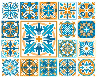 Fas ve Azulejo fayans desenleri. Majolica, talavera süsü. İspanyol etnik kumaş baskısı, seramik karo Akdeniz vektör desenleri veya Türk arabesk duvar kağıdı veya azulejo arkaplanı, zemin dekorasyonu