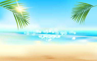 Deniz dalgaları, palmiye yaprakları, kum ve vektör arkaplanlı gerçekçi yaz tropikal manzarası. Okyanus adası, su gölü ve gökyüzündeki güneş, palmiye yaprağı ve güneş ışığı veya cennetteki güneş ışıkları
