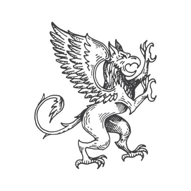 Griffin ya da gryphon ortaçağ hanedan hayvan eskizi. Fantezi gryphon, efsanevi hayvan veya sihirli hayvan tarihi arması, el yapımı vektör işareti. Mitoloji yaratığı ortaçağ arması, arma arması.