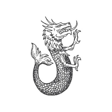 Ortaçağ kraliyet hayvan canavar eskizi. Mitoloji canavarı, sihirli yaratık ya da efsanevi deniz ya da okyanus ejderhası ortaçağ el çizimi vektör işareti. Efsanevi hayvan heraldik oymalı sembol veya hanedan sembolü