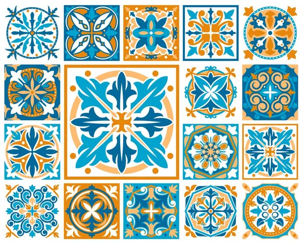 Motifs Tuiles Marocaines Azulejo Majolica Ornement Talavera Impression Tissu Ethnique — Image vectorielle
