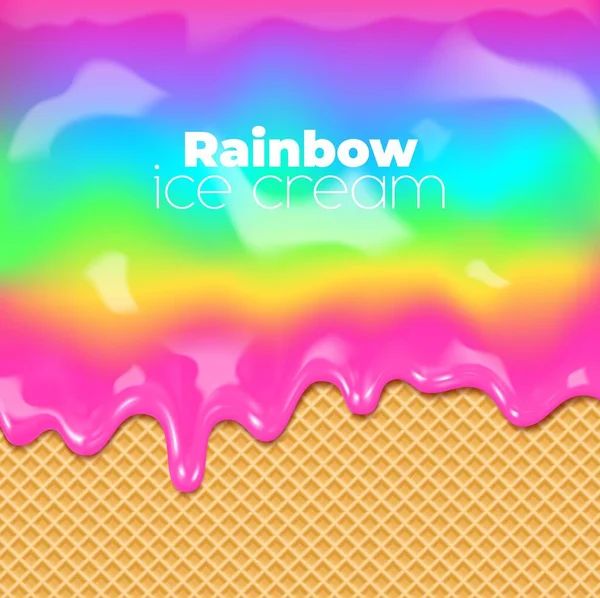 Rainbow Sweet Drip Melt Flow Ice Cream Dessert Food Waffle — Stock Vector