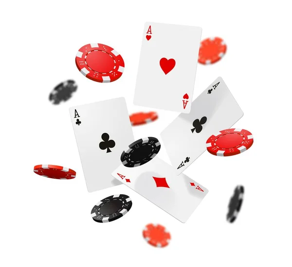 フライングカジノポーカーカードとチップ 現実的な3Dベクトルのギャンブルゲーム ジャックポット 落下顔 赤と黒のラウンドピース ビッグウィンオンラインカジノベット インターネットギャンブルやレクリエーションを果たしているラスベガスクラブ — ストックベクタ