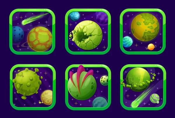 Cartoon Ruimte Spel App Pictogrammen Met Groene Planeten Vector Stel — Stockvector