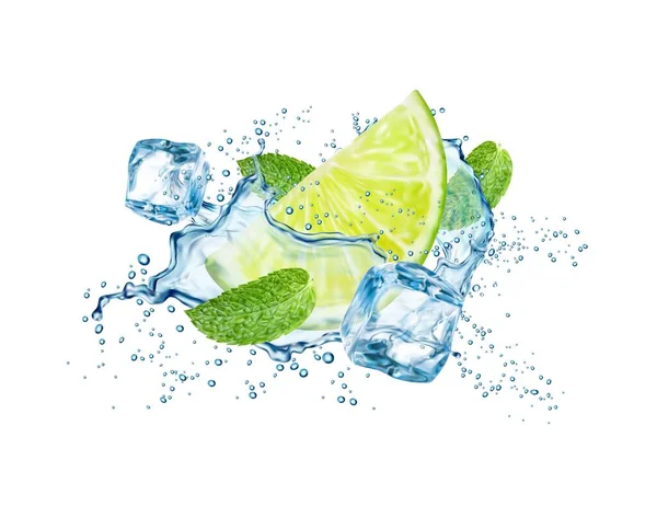 Kalk Wasser Spritzer Eiswürfel Und Minzblätter Mojito Trinken Vektorhintergrund Limonade — Stockvektor