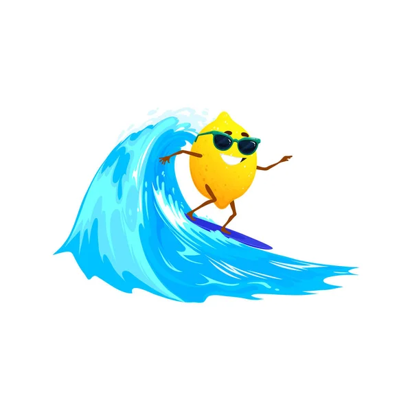 Cartoon Surfer Personaggio Limone Cavalcando Grande Onda Agrumi Gialli Vettoriali — Vettoriale Stock