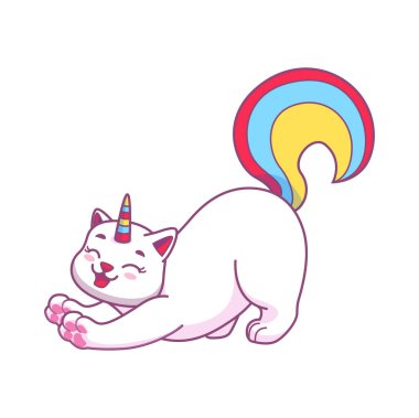 Sevimli caticorn karakteri neşeyle esniyor. Peri kedi yavrusu, fantezi caticorn ya da kawaii tek boynuzlu at kedi komik vektör maskotu. Peri masalı renkli boynuzlu, gökkuşağı kuyruklu komik yaratık.