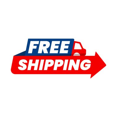 Kamyon ve okun ücretsiz teslimat ikonu, nakliye ve kurye servis etiketi, vektör kargo etiketi. Paket ve posta paketlerinin ya da ev taşımacılığı siparişleri için minibüs vagonlu ücretsiz dağıtım etiketi