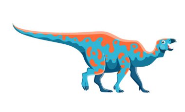Çizgi film Iguanodon dinozor karakterleri. Nesli tükenmiş kertenkele, eski vahşi yaşam hayvanı veya paleontoloji sürüngeni. Tarih öncesi canavar, Jura dönemi otçul iguanadon dinozoru gagalı sevimli vektör kişiliği.
