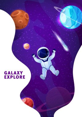 Uzayda çizgi film astronotu. Fantezi galaksi gezegenleri, yıldızlar ve uzay adamlarıyla birlikte uzay iniş sayfası şablonu ya da internet girişimi. Astronomi web pankartı veya iniş sayfası düzeni
