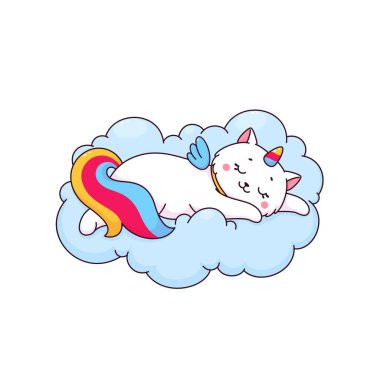 Çizgi film karakteri şirin caticorn karakteri. Yumuşak bulutların üzerinde uyuyan beyaz tek boynuzlu at kedisi. Kawaii sihirli kedi yavrusu renkli gökkuşağı kuyruğu, boynuzu ve kanatları var. Komik masal kedisi gökyüzünde uyuyor