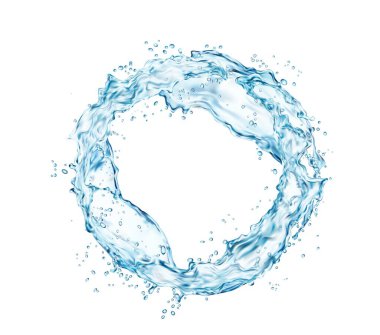 Round water splash with blue drops. Vector realistic circle, wave or swirl of transparent liquid, fresh aqua or clear drink water with ripples, bubbles and droplets. 3d round flow or stream with drops clipart