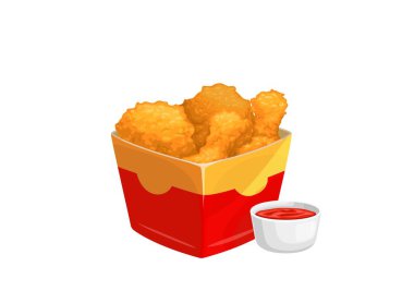Çizgi film kızarmış tavuk bacağı. Bir kutu dolusu çıtır nugget ve sos ya da ketçap ile izole edilmiş vektör kutusu. Fast food, gevrek parçalar, sokak süprüntüleri kafe ya da restoran menüsü için et yemeği.