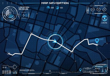 HUD şehir haritası navigasyon arayüzü ekran, rota, gösterge paneli. Vector caddeleri ve yollar hedef güzergah ve pin, konum ve mesafe verileri ile planlanır, gelecekçi şehir yol haritası uygulama ui veya gui için